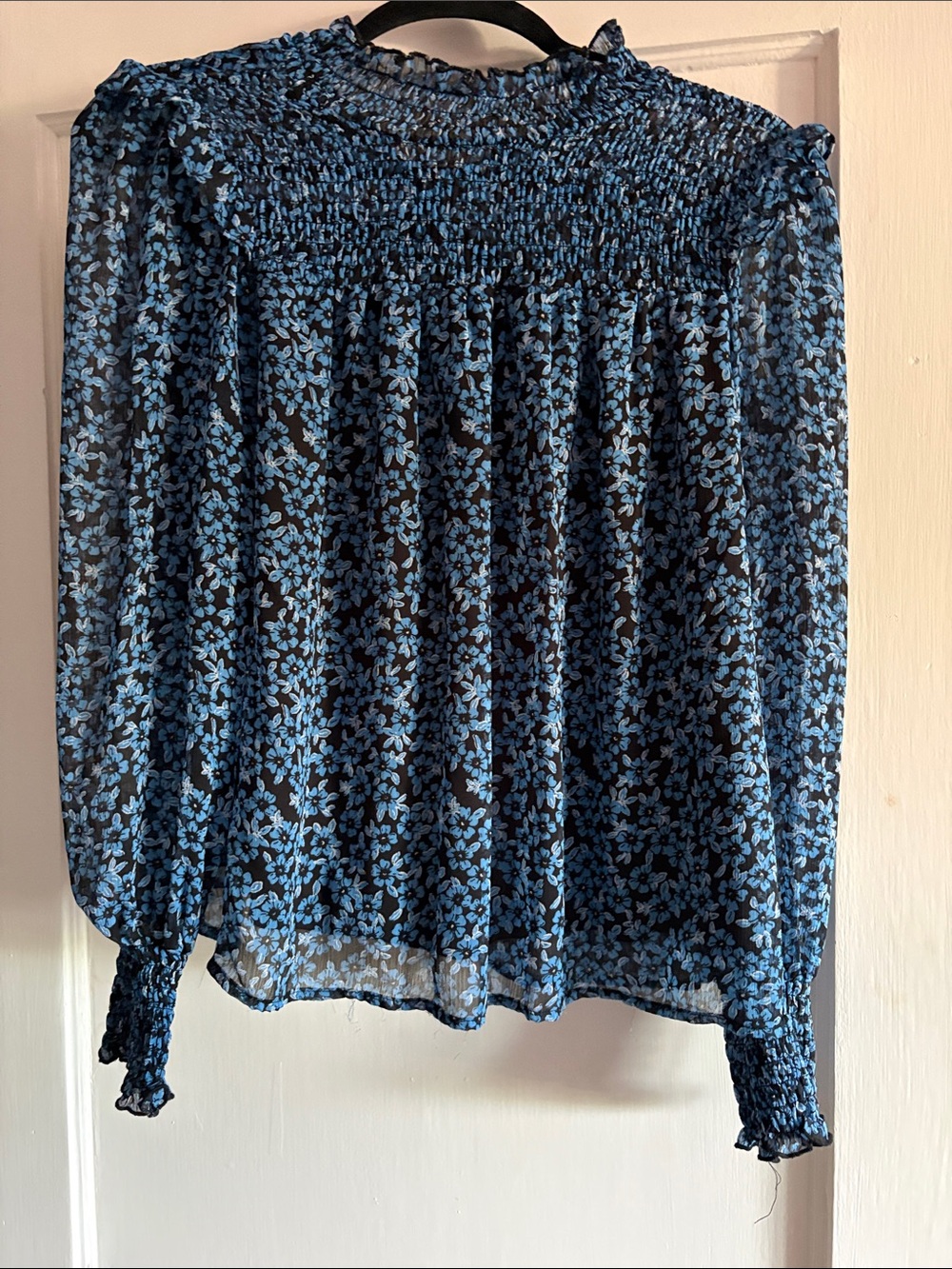 Ami Black and Blue Floral Smocked Yoke Blouse